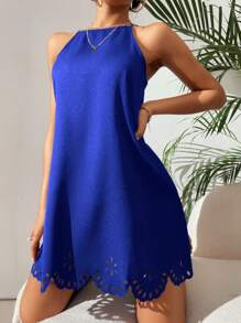 SHEIN PETITE 休閒挖空 扇型純色女士連衣裙 - 寶藍色 - 查看 5