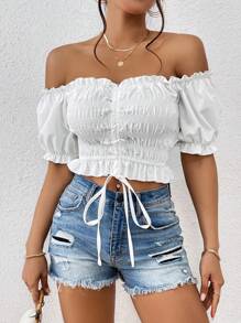 INAWLY Off Shoulder Frill Trim Drawstring Front Crop Blouse - White - View 1