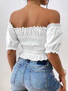 INAWLY Off Shoulder Frill Trim Drawstring Front Crop Blouse - White - View 2