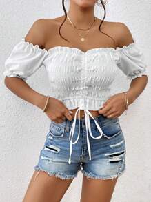 INAWLY Off Shoulder Frill Trim Drawstring Front Crop Blouse - White - View 3