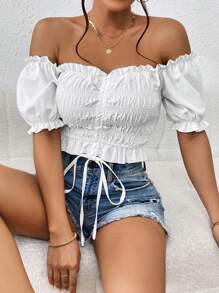 INAWLY Off Shoulder Frill Trim Drawstring Front Crop Blouse - White - View 4