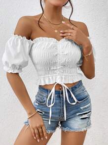INAWLY Off Shoulder Frill Trim Drawstring Front Crop Blouse - White - View 5