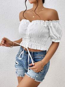 INAWLY Off Shoulder Frill Trim Drawstring Front Crop Blouse - White - View 6