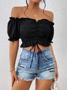 SHEIN VCAY 一字肩褶邊前抽繩短款襯衫 - 黑色 - 查看 3