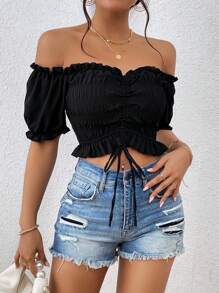 SHEIN VCAY 一字肩褶邊前抽繩短款襯衫 - 黑色 - 查看 4