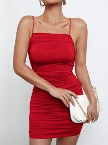 SHEIN SXY 露背交叉褶邊緊身連衣裙 - 紅色 - 查看 3