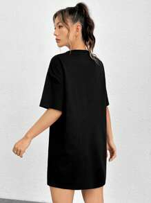 SHEIN Coolane Đầm Cắt ra Nhẫn Thú vật Slogan Giải trí - màu đen - Xem 2