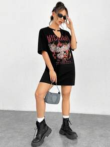 SHEIN Coolane Đầm Cắt ra Nhẫn Thú vật Slogan Giải trí - màu đen - Xem 6