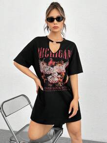 SHEIN Coolane Đầm Cắt ra Nhẫn Thú vật Slogan Giải trí - màu đen - Xem 4