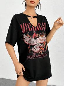 SHEIN Coolane Đầm Cắt ra Nhẫn Thú vật Slogan Giải trí - màu đen - Xem 1