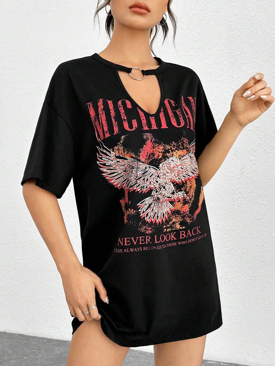 SHEIN Coolane Đầm Cắt ra Nhẫn Thú vật Slogan Giải trí - màu đen - Xem 1