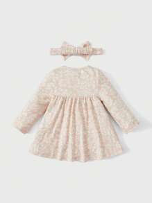 SHEIN 新生女婴休闲时尚实用可爱森系风格柔粉色碎花荷叶边连衣裙和碎花弹性头带，2 件套 - 彩色 - 查看 2