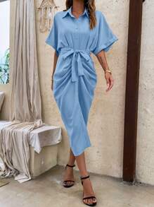 SHEIN VCAY Solid Ruched Batwing Sleeve Belted Shirt Dress - Baby Blue - View 5