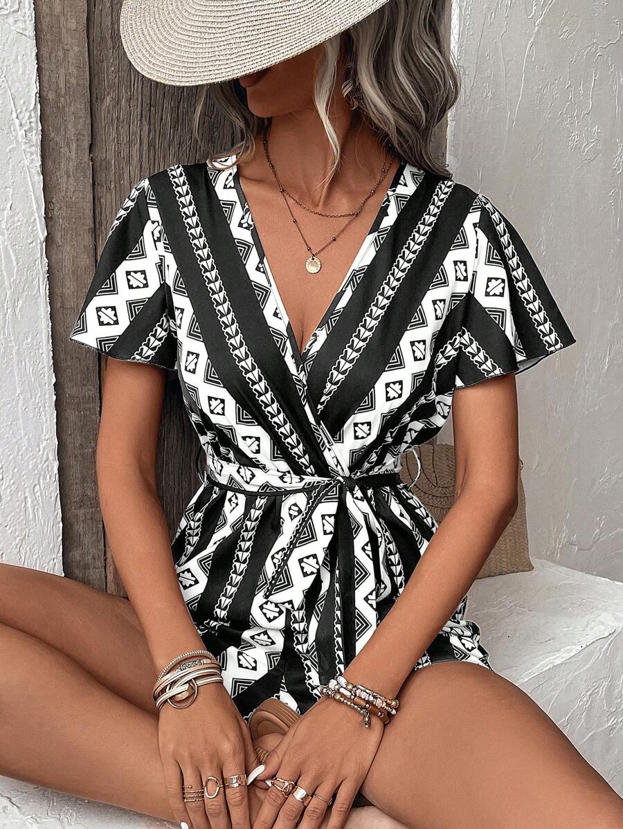 SHEIN VCAY Women Jumpsuits Membungkus Berikat Geometris Boho - Hitam dan Putih - View 1