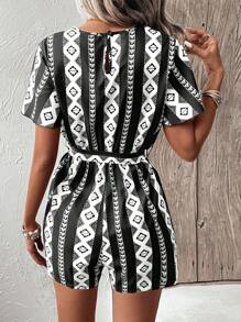 SHEIN VCAY Women Jumpsuits Membungkus Berikat Geometris Boho - Hitam dan Putih - View 2