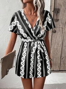 SHEIN VCAY Women Jumpsuits Membungkus Berikat Geometris Boho - Hitam dan Putih - View 3