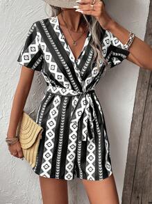 SHEIN VCAY Women Jumpsuits Membungkus Berikat Geometris Boho - Hitam dan Putih - View 4