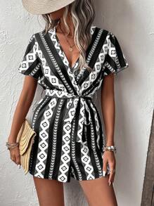 SHEIN VCAY Women Jumpsuits Membungkus Berikat Geometris Boho - Hitam dan Putih - View 5