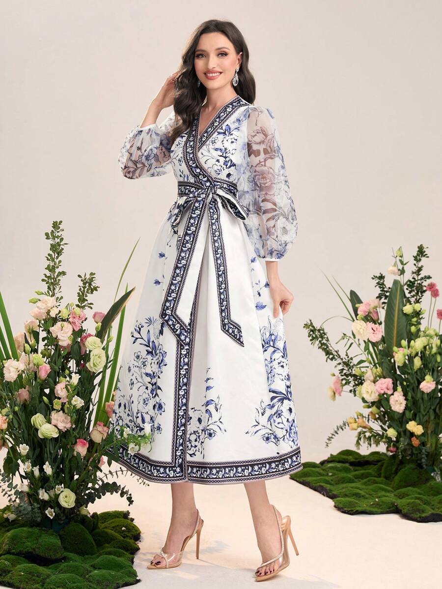 Modelyn Floral Print Lantern Sleeve Belted Evening Dress Long Evening Dresses - Blue and White - View 1