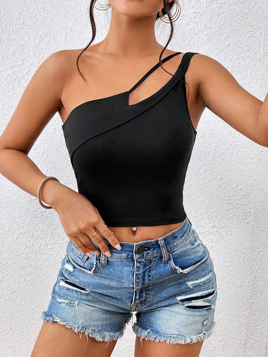 SHEIN Essnce Top crop unicolor de un hombro - Negro - Ver 1