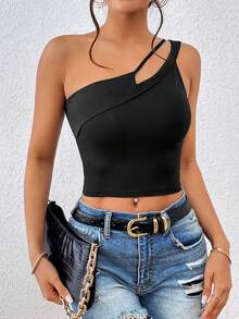 SHEIN Essnce Top crop unicolor de un hombro - Negro - Ver 3