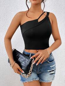 SHEIN Essnce Top crop unicolor de un hombro - Negro - Ver 4