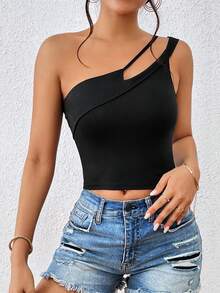 SHEIN Essnce Top crop unicolor de un hombro - Negro - Ver 5