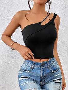 SHEIN Essnce Top crop unicolor de un hombro - Negro - Ver 6