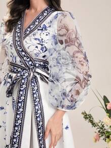 Modelyn Floral Print Lantern Sleeve Belted Evening Dress Long Evening Dresses - Blue and White - View 6