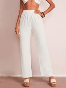 SHEIN LUNE Solid Elastic Waist Trousers - White - View 2
