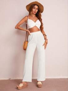 SHEIN LUNE Solid Elastic Waist Trousers - White - View 4