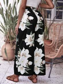 SHEIN VCAY 印花腰帶闊腿褲 - 黑色 - 查看 2