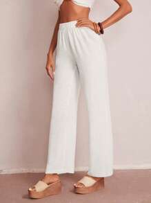 SHEIN LUNE Solid Elastic Waist Trousers - White - View 6