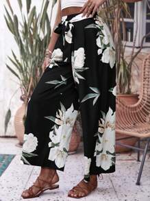 SHEIN VCAY 印花腰帶闊腿褲 - 黑色 - 查看 5