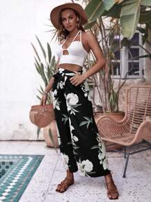 SHEIN VCAY 印花腰帶闊腿褲 - 黑色 - 查看 6