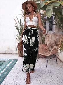 SHEIN VCAY 印花腰帶闊腿褲 - 黑色 - 查看 7