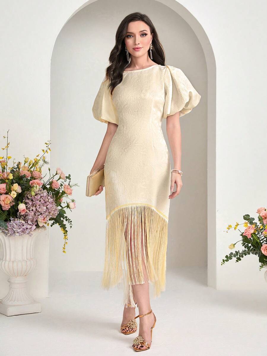 Modelyn Fringe Hem Puff Sleeve Dress - Apricot - View 1