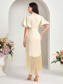 Modelyn Fringe Hem Puff Sleeve Dress - Apricot - View 2