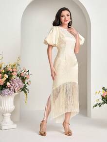 Modelyn Fringe Hem Puff Sleeve Dress - Apricot - View 3