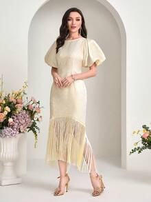 Modelyn Fringe Hem Puff Sleeve Dress - Apricot - View 4