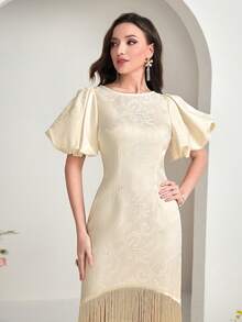 Modelyn Fringe Hem Puff Sleeve Dress - Apricot - View 5