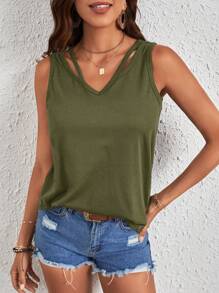 SHEIN LUNE Cut Out Tank Top - Army Green - View 1