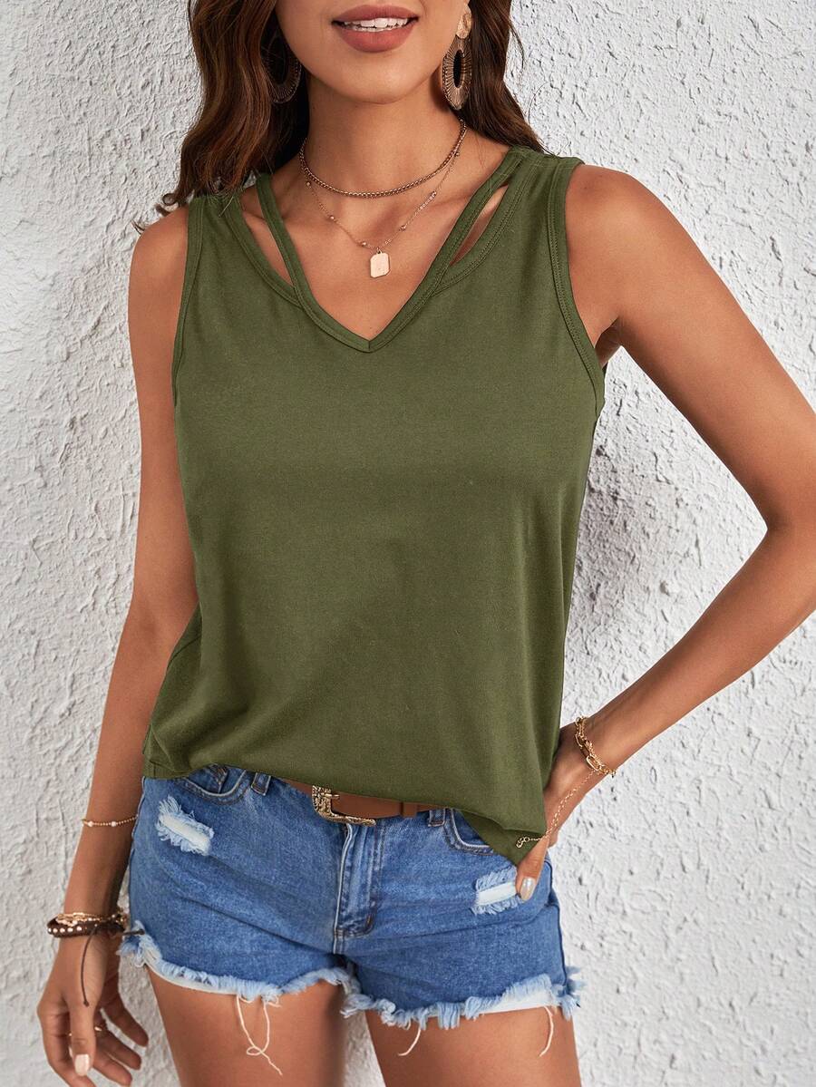 SHEIN LUNE Cut Out Tank Top - Army Green - View 1