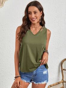 SHEIN LUNE Cut Out Tank Top - Army Green - View 3