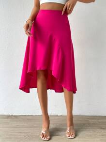 SHEIN VCAY Solid High Low Hem Skirt - Hot Pink - View 1