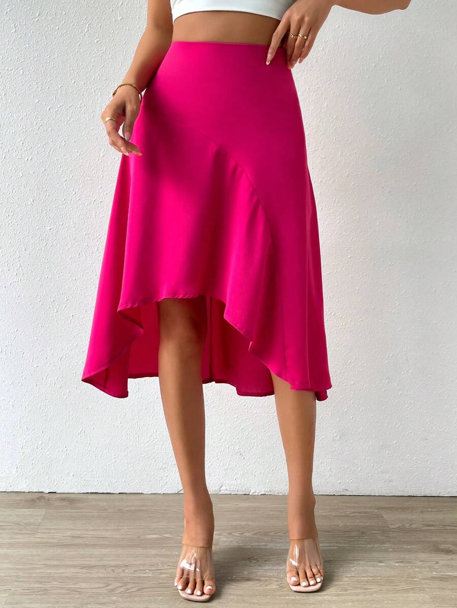 SHEIN VCAY Solid High Low Hem Skirt - Hot Pink - View 1