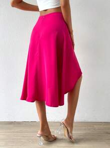 SHEIN VCAY Solid High Low Hem Skirt - Hot Pink - View 2