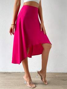 SHEIN VCAY Solid High Low Hem Skirt - Hot Pink - View 3