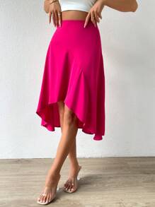 SHEIN VCAY Solid High Low Hem Skirt - Hot Pink - View 5