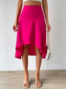 SHEIN VCAY Solid High Low Hem Skirt - Hot Pink - View 6
